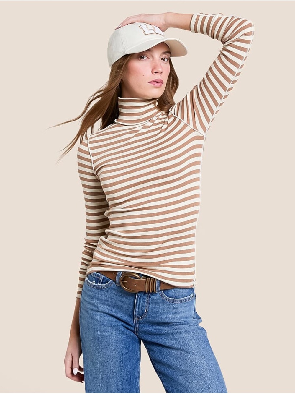 We The Free People Brown and Cream Striped Turtleneck Long Sleeve Top